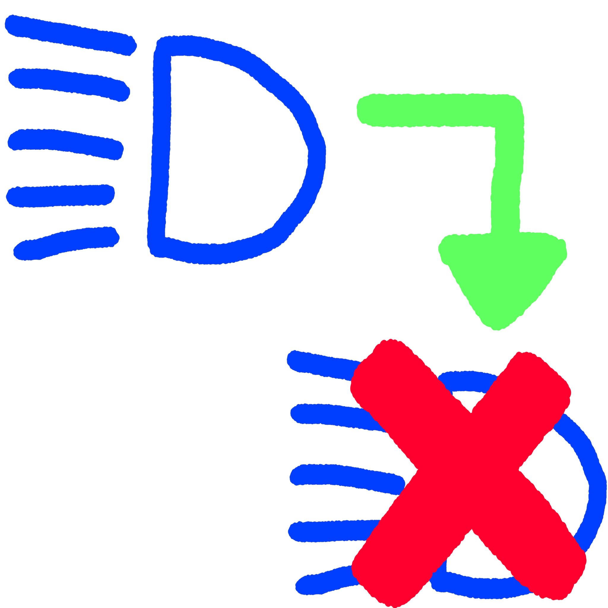 5 dashes next to an upper case D with a green arrow pointing down to a crossed out upper case D with 5 dashes